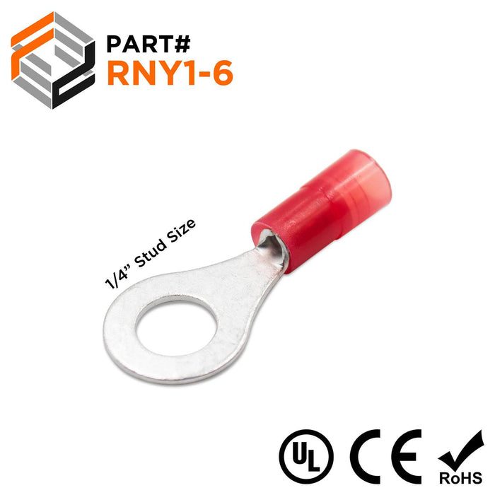 RNY1-6 Nylon Ring Terminals - Standard Crimp 22-16AWG - Stud 1/4" - Ferrules Direct