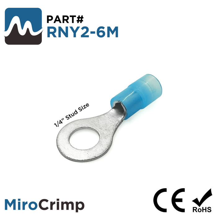 RNY2-6M - 16 to 14 AWG Nylon Insulated Ring Terminals, 1/4" Stud, 100 Pieces