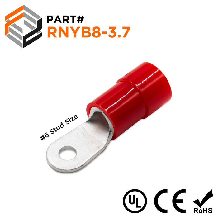 RNYB8-3.7 - Nylon Insulated Ring Terminals - 8 AWG - #6 Stud - Ferrules Direct