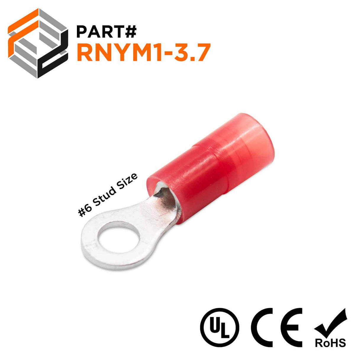 BALMINUM16×6.1/2 22-16 AWG Nylon Insulated Ring Terminals, #6 Stud, Butted Seam