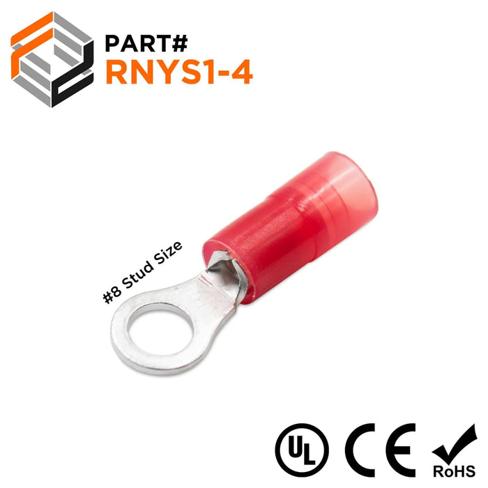 RNYS1-4 Nylon Ring Terminals - Standard Crimp 22-16AWG - Stud #8 - Ferrules Direct