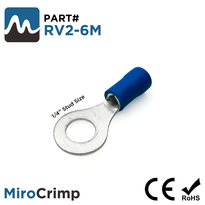 RV2-6M - 16 to 14 AWG PVC Vinyl Insulated Ring Terminals, 1/4" Stud, 100 Pieces