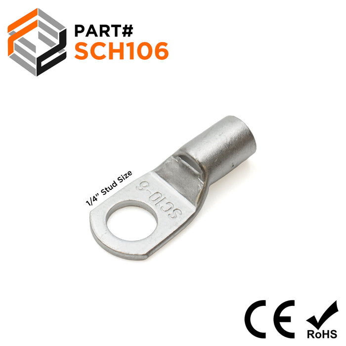 SCH106 - 8 AWG Non Insulated Tubular Ring Lugs, 1/4" Stud, 50 Pieces