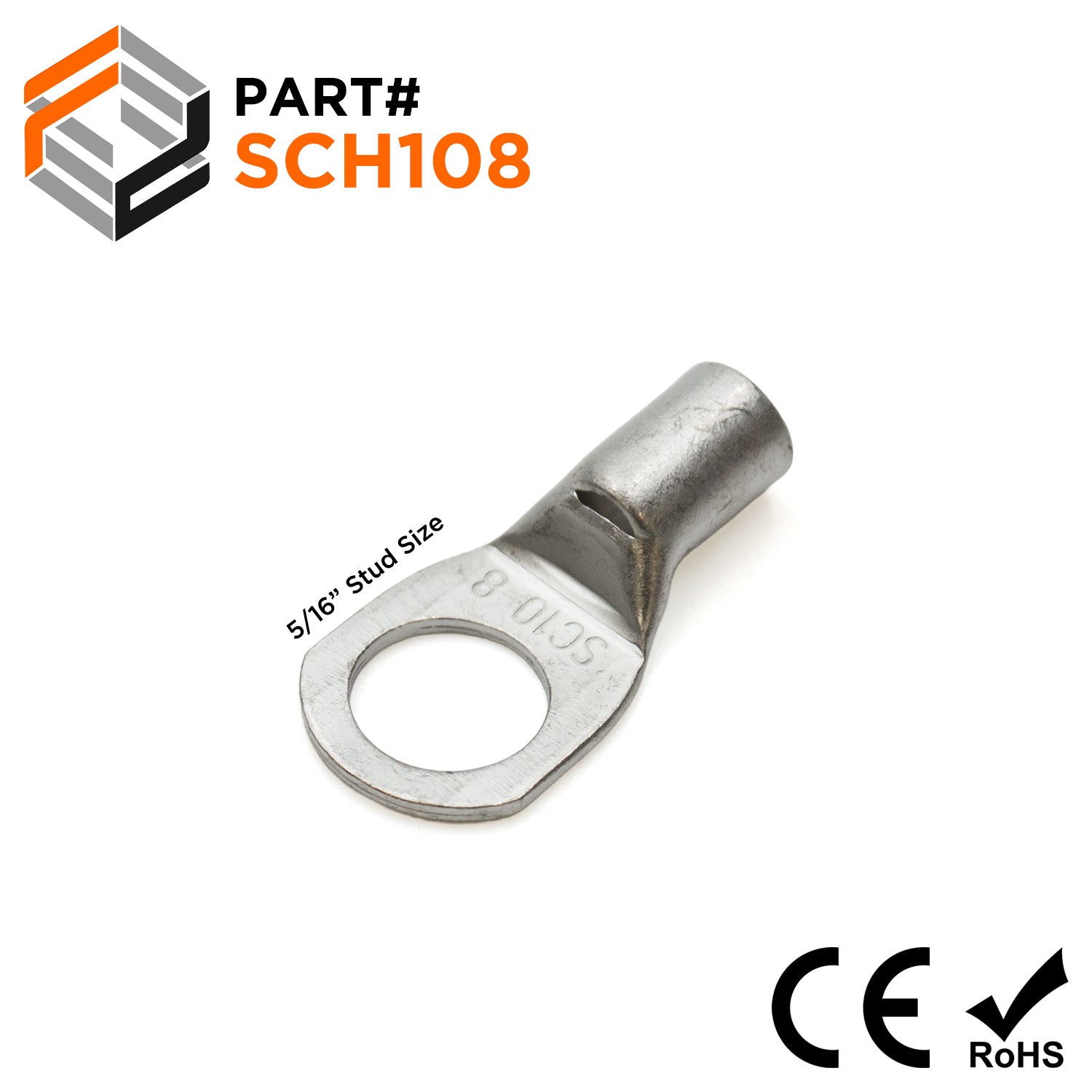 SCH108 - 8 AWG Non Insulated Tubular Ring Lugs, 5/16" Stud, 50 Pieces
