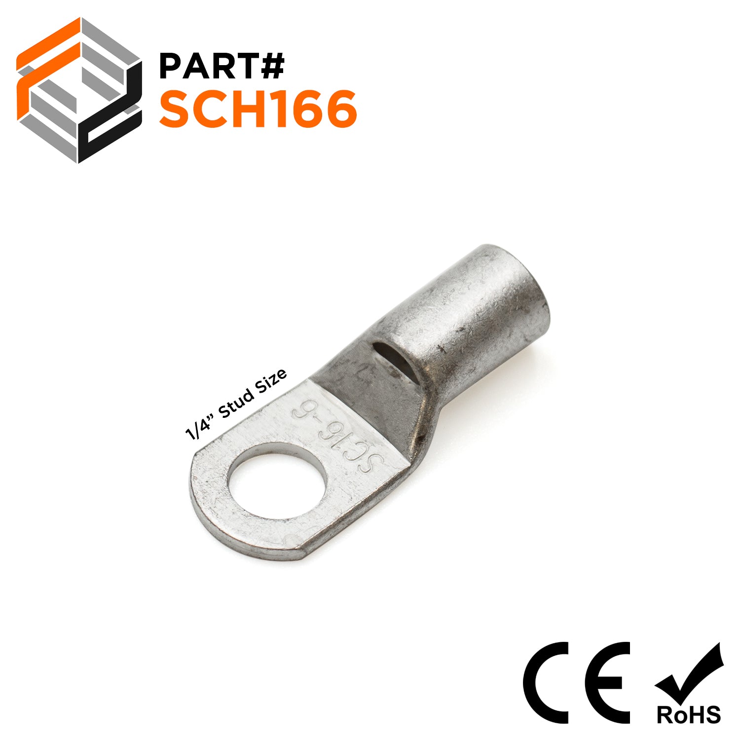 SCH166 - 6 AWG Non Insulated Tubular Ring Lugs, 1/4" Stud, 50 Pieces