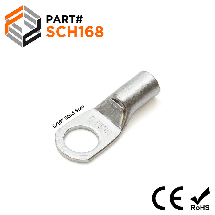 SCH168 - 6 AWG Non Insulated Tubular Ring Lugs, 5/16" Stud, 50 Pieces