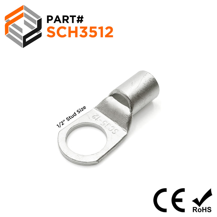 SCH3512 - 2 AWG Non Insulated Tubular Ring Lugs, 1/2" Stud, 25 Pieces
