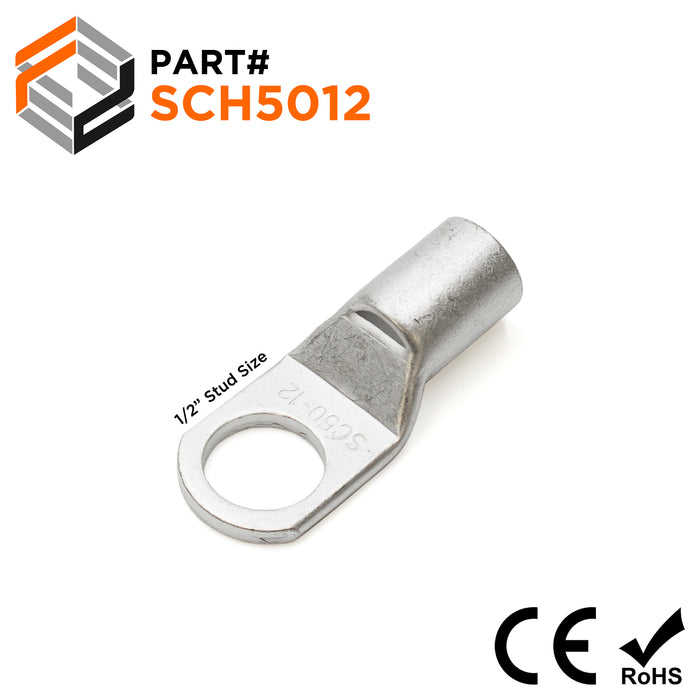 SCH5012 - 1 AWG Non Insulated Tubular Ring Lugs, 1/2" Stud, 10 Pieces