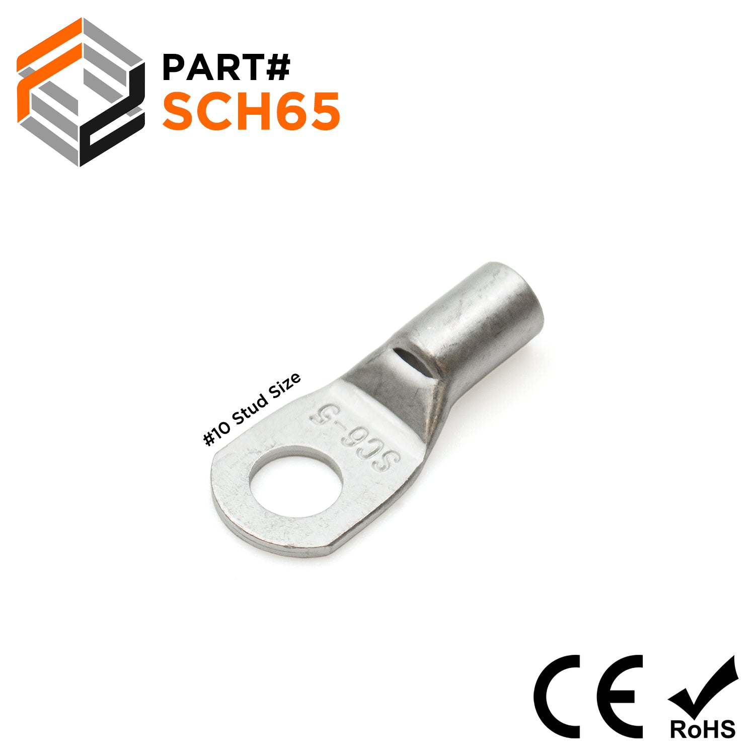 SCH65 - 10 AWG Non Insulated Tubular Ring Lugs, #10 Stud, 50 Pieces