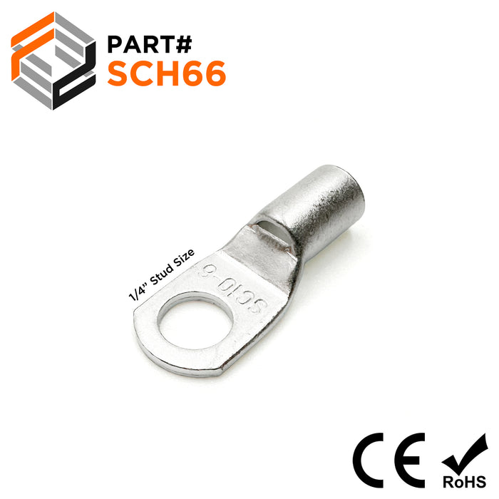 SCH66 - 10 AWG Non Insulated Tubular Ring Lugs. 1/4" Stud, 50 Pieces