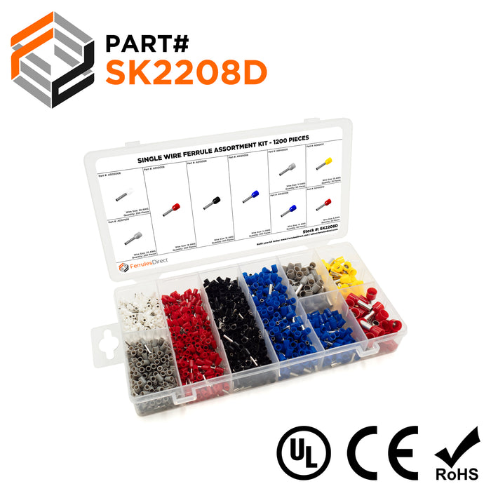 22 to 8 AWG Single Insulated Wire Ferrule Assortment Kit, 1200 Pieces, Series D - SK2208D