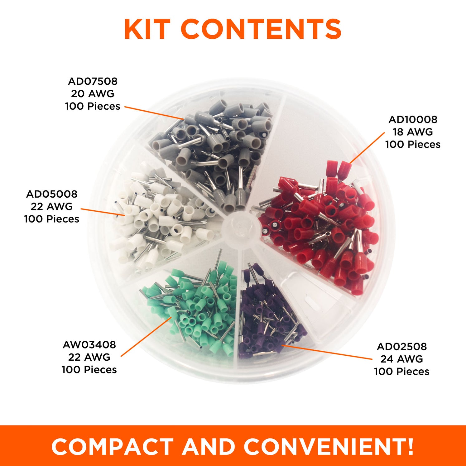 SK2418D - 24 to 18 AWG Single Insulated Wire Ferrules Mini Kit, 500 ...