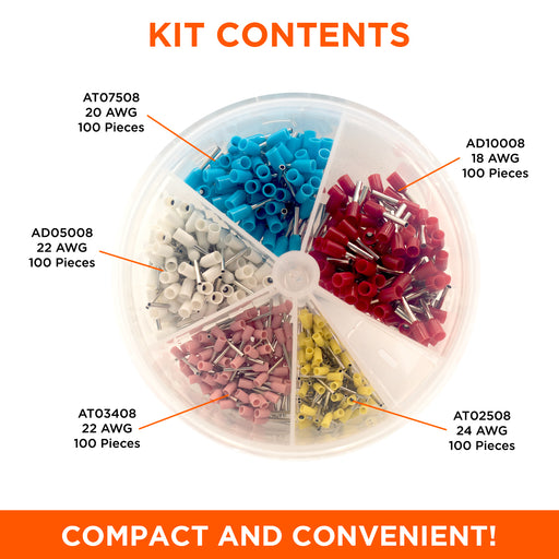 24 to 18 AWG Single Insulated Wire Ferrules Mini Kit, 500 Pieces, Series T - SK2418T - Ferrules Direct