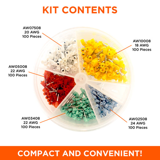 24 to 18 AWG Single Insulated Wire Ferrules Mini Kit, 500 Pieces, Series W - SK2418W - Ferrules Direct