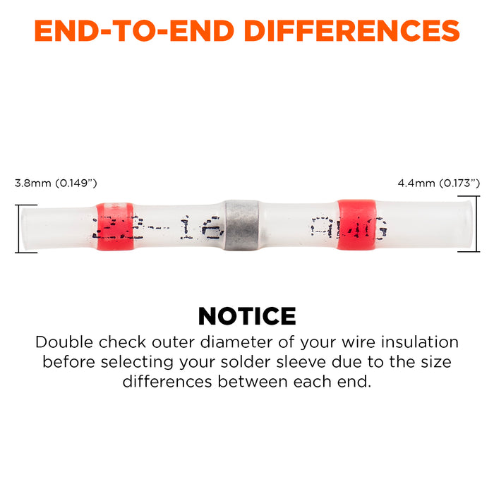 SS2216-150P - 22 to 18 AWG Heat Shrink Solder Sleeves, With Printing, Red, 150 Pieces