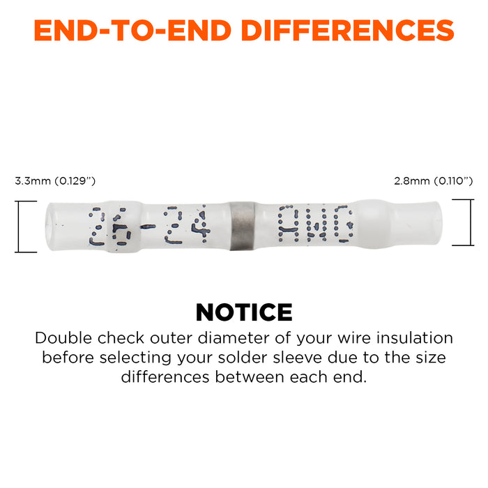 SS2624-200P - 26 to 24 AWG Heat Shrink Solder Sleeves, With Printing, White, 200 Pieces