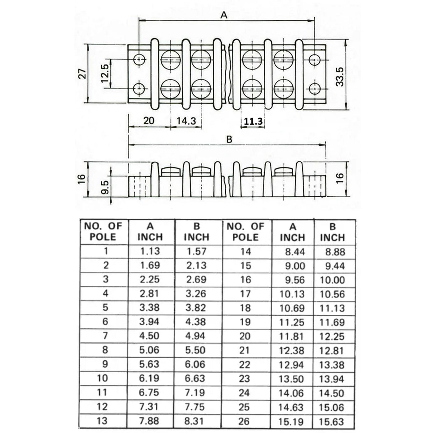 Barrier Strip Terminal Block, Terminal Strip, 2 Pole, Double Row, 30A ...