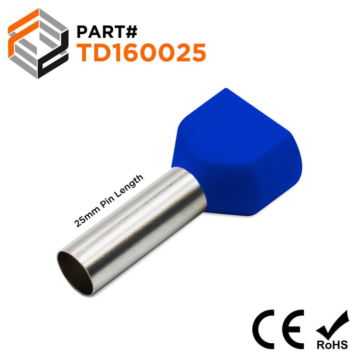 TD160025 - 2x6 AWG (25mm Pin) Twin Wire Ferrules - Blue - Ferrules Direct