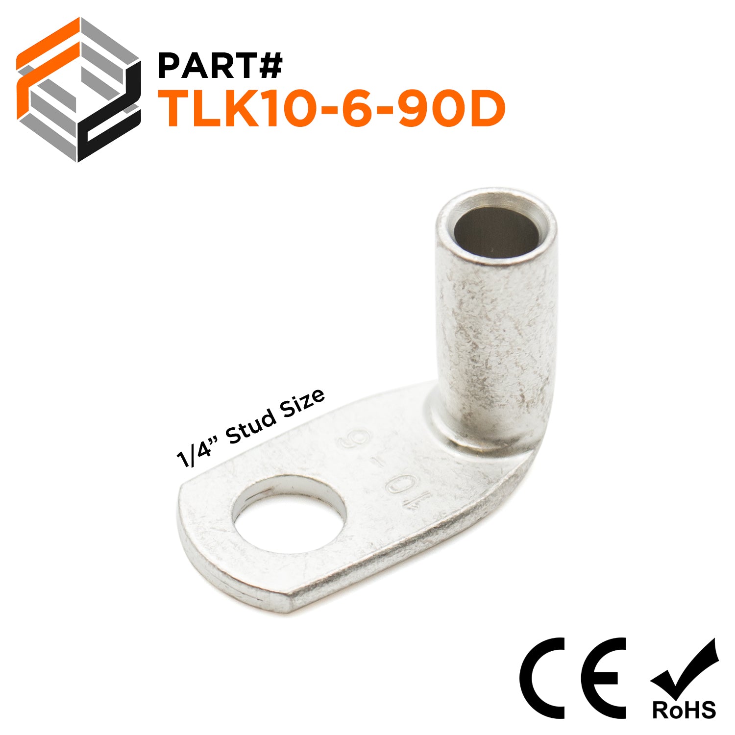8 AWG Copper Tube Lugs, 90 Degree, 1/4" Stud, Tin Plated - 1/4" Stud, 25 Pieces - TLK10-6-90D - Ferrules Direct