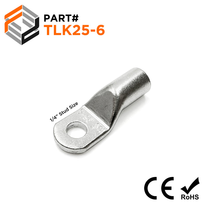 TLK25-6 - 4 AWG Copper Tube Lugs, 1/4" Stud, Tin Plated, 10 Pieces