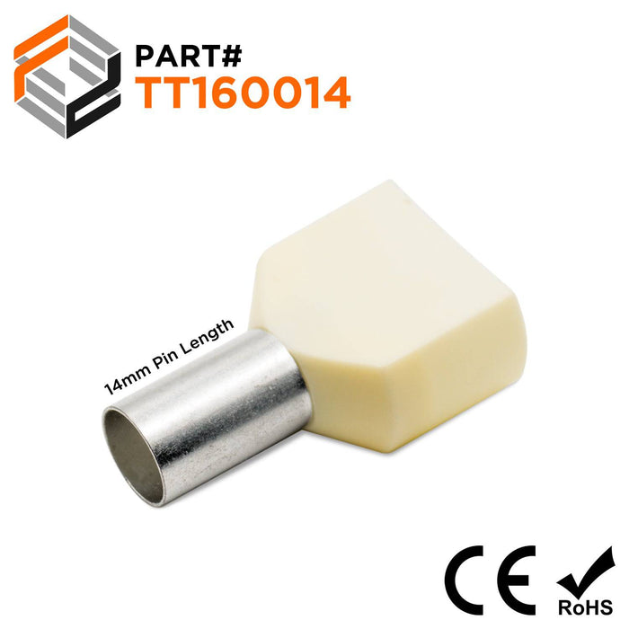 TT160014 - 2x6 AWG (14mm Pin) Twin Wire Ferrules - Beige - Ferrules Direct