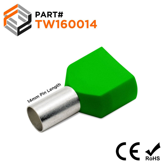 TW160014 - 2x6 AWG (14mm Pin) Twin Wire Ferrules - Green - Ferrules Direct