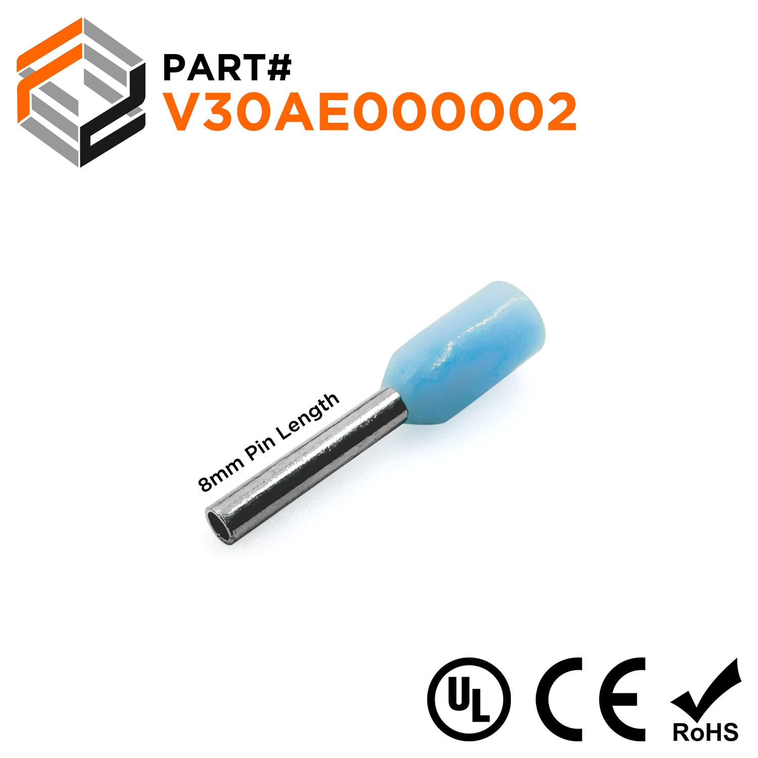 Z+F V30AE000002 - 24 AWG Insulated Wire Ferrules, 8mm Pin, Light Blue - 500 Pieces