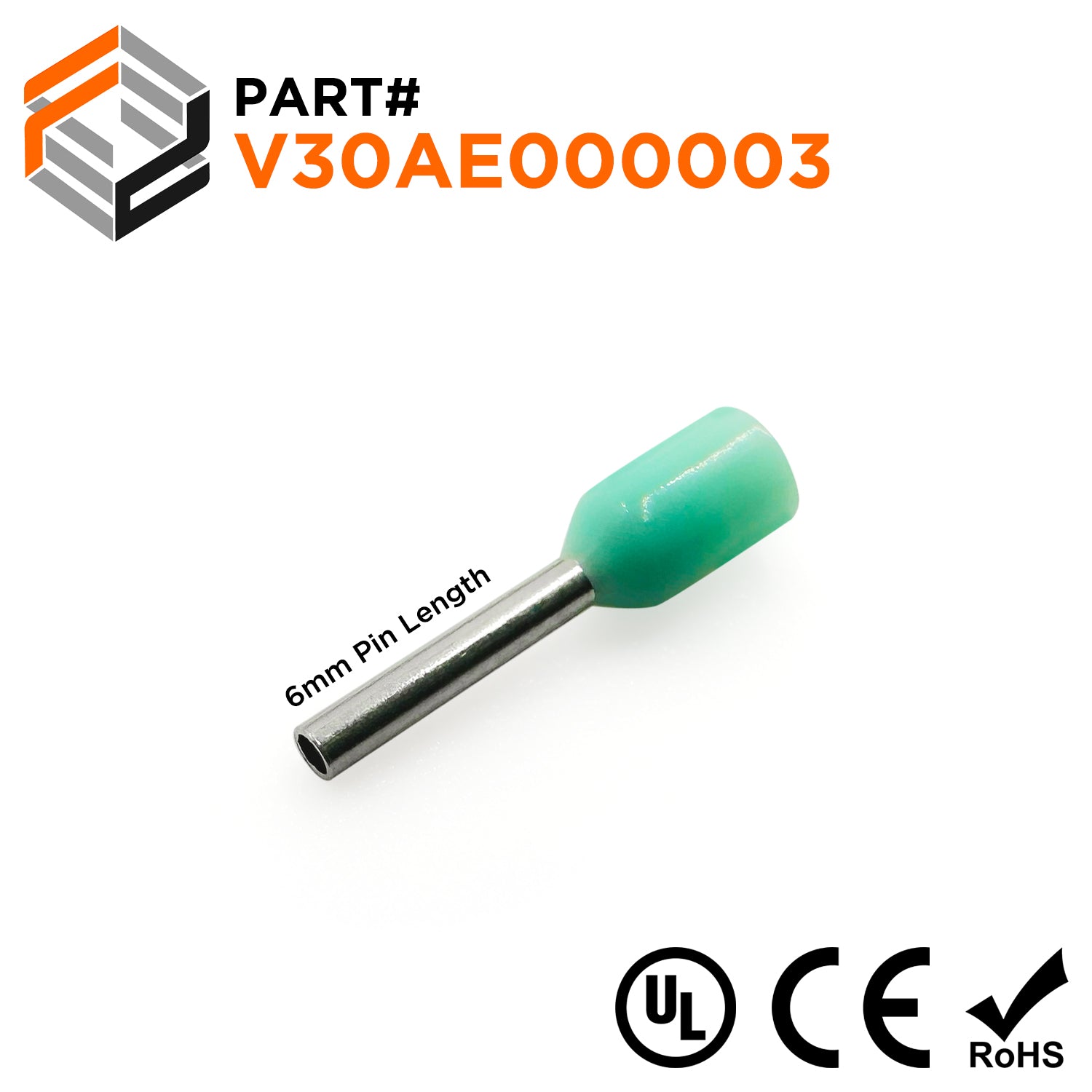 Z+F V30AE000003 - 22 & 24 AWG (0.34mm²) Insulated Wire Ferrules, 6mm Pin, Turquoise - 500 Pieces