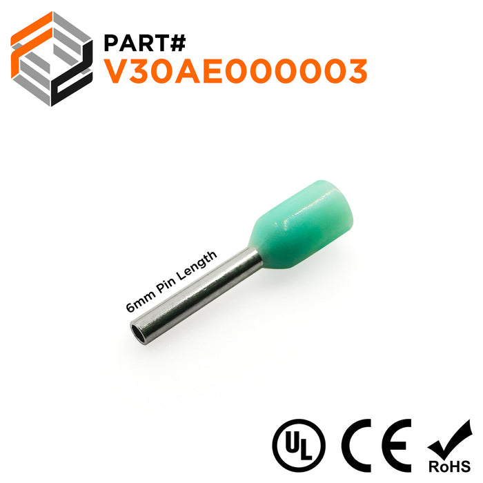 Z+F V30AE000003 - 22 & 24 AWG (0.34mm²) Insulated Wire Ferrules, 6mm Pin, Turquoise - 500 Pieces