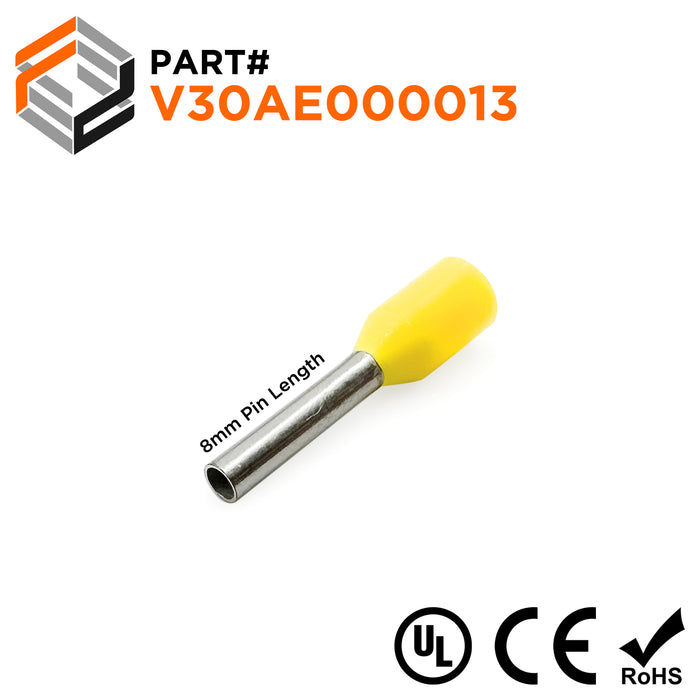 Z+F V30AE000013 - 18 AWG Insulated Wire Ferrules, 8mm Pin, Yellow - 500 Pieces
