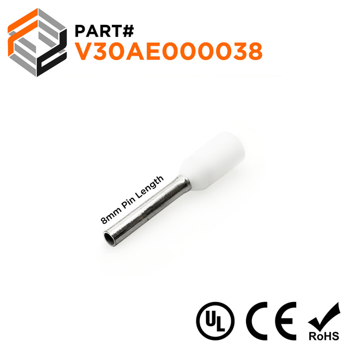 Z+F V30AE000038 - 20 AWG Insulated Wire Ferrules, 8mm Pin, White - 500 Pieces
