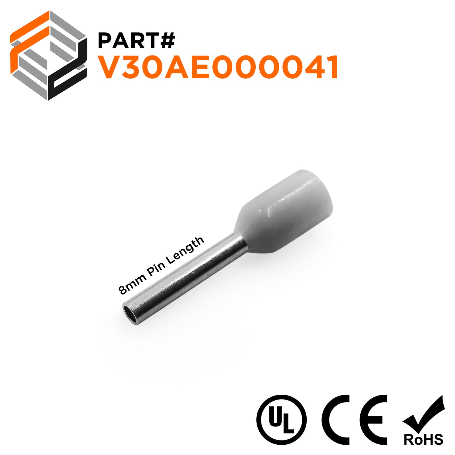 Z+F V30AE000041 - 20 AWG Insulated Wire Ferrules, 8mm Pin, Gray - 500 Pieces