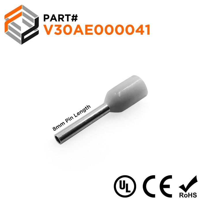 Z+F V30AE000041 - 20 AWG Insulated Wire Ferrules, 8mm Pin, Gray - 500 Pieces