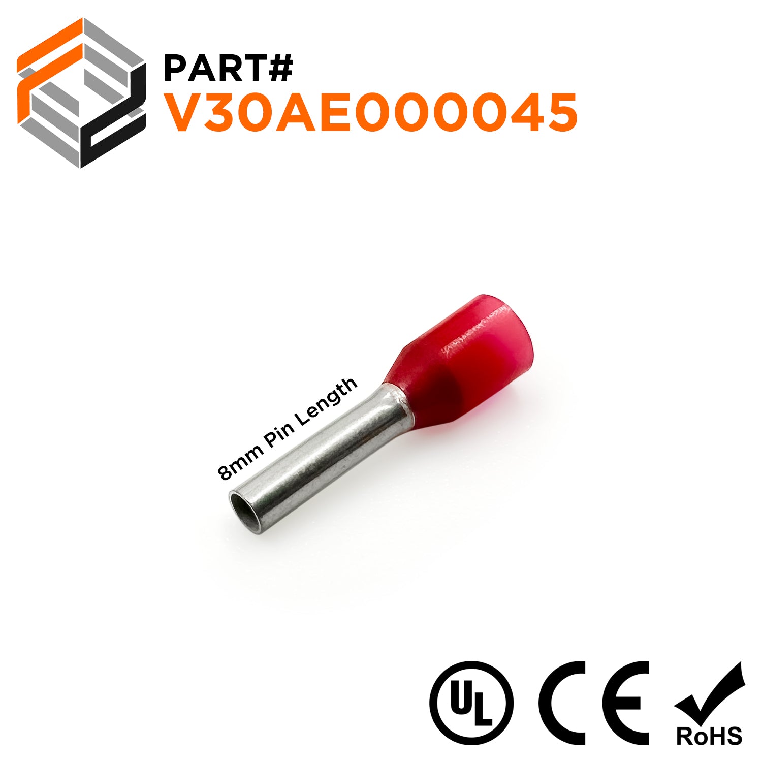 Z+F V30AE000045 - 18 AWG Insulated Wire Ferrules, 8mm Pin, Red - 500 Pieces