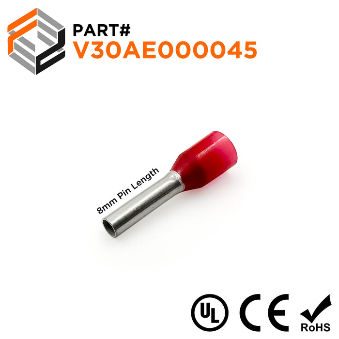 Z+F V30AE000045 - 18 AWG Insulated Wire Ferrules, 8mm Pin, Red - 500 Pieces