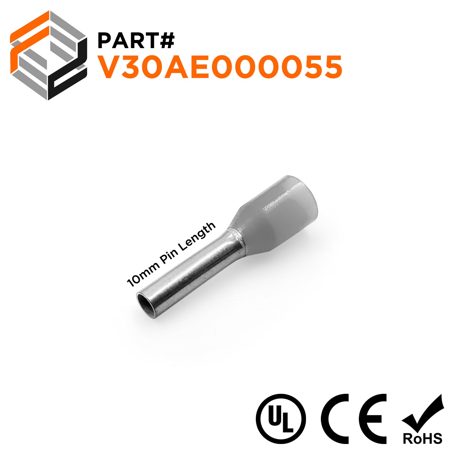 Z+F V30AE000055 - 12 AWG Insulated Wire Ferrules, 10mm Pin, Gray - 500 Pieces