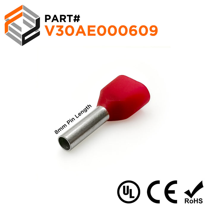 Z+F V30AE000609 - 2x18 AWG Twin Wire Ferrules, 8mm, Red - 500 Pieces
