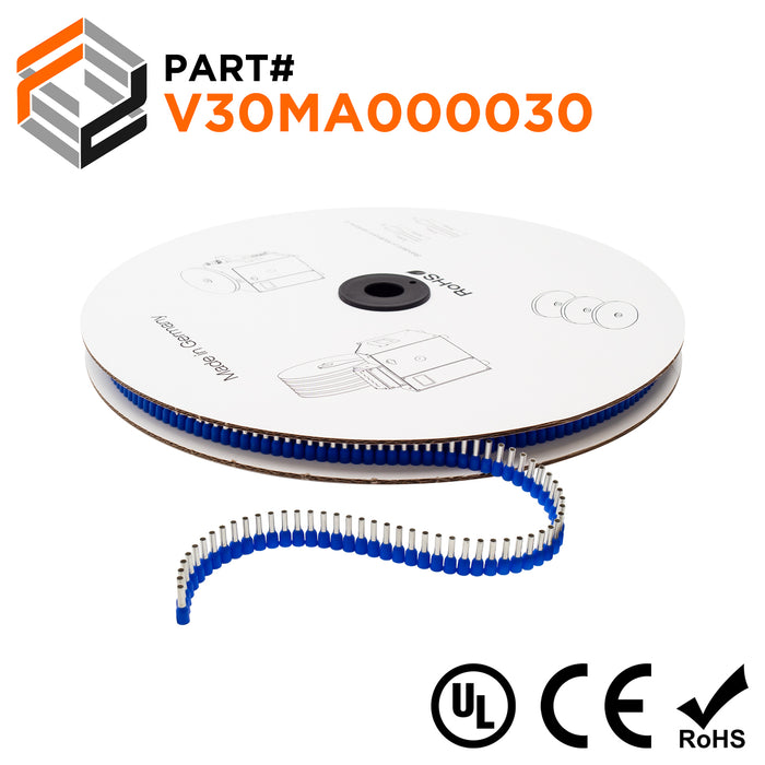 Z+F V30MA000030 - 14 AWG Insulated Wire Ferrules, 8mm Pin, Blue, Reel of 3,000 Pieces