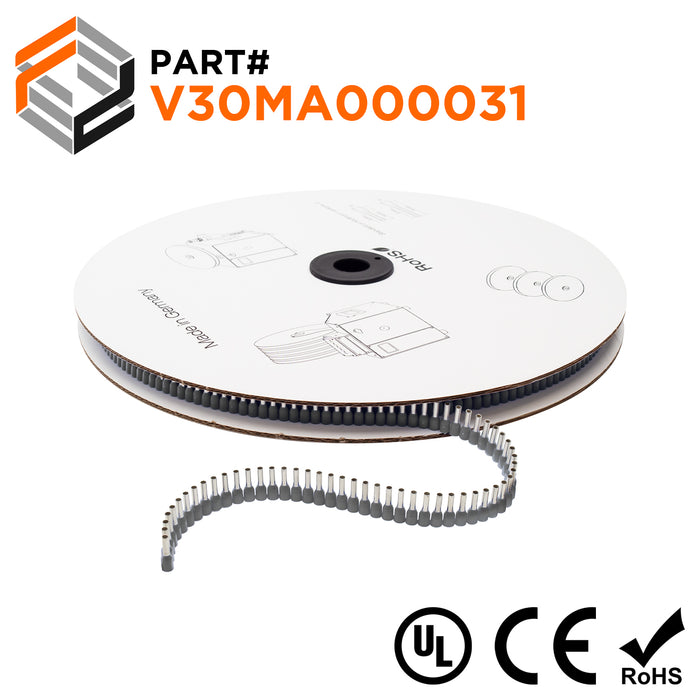 Z+F V30MA000031 - 14 AWG Insulated Wire Ferrules, 8mm Pin, Gray, 3000 pieces Reel/Spool