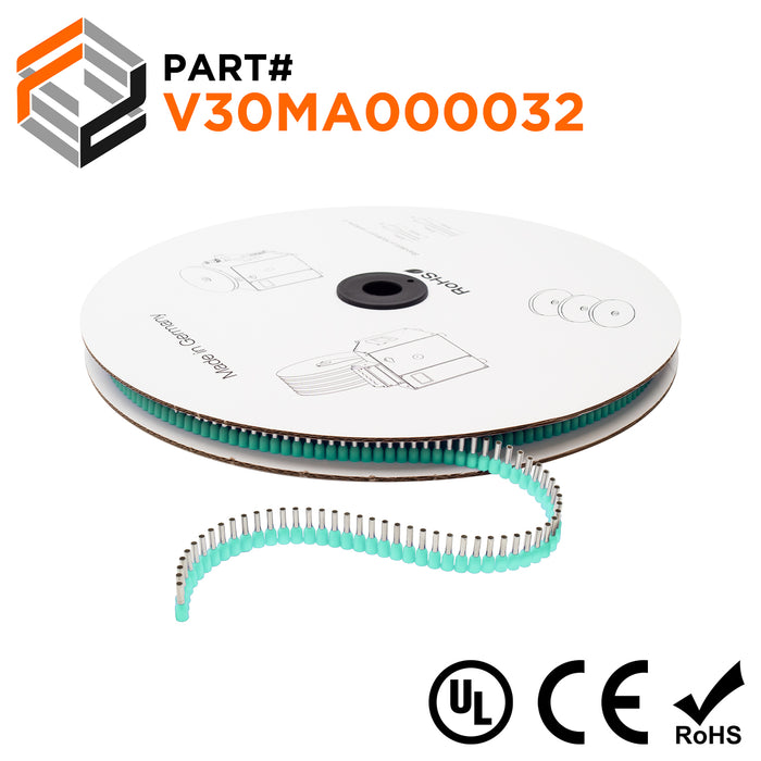Z+F V30MA000032 - 22 & 24 AWG Insulated Wire Ferrules, 8mm Pin, Turquoise, Reel of 5,000
