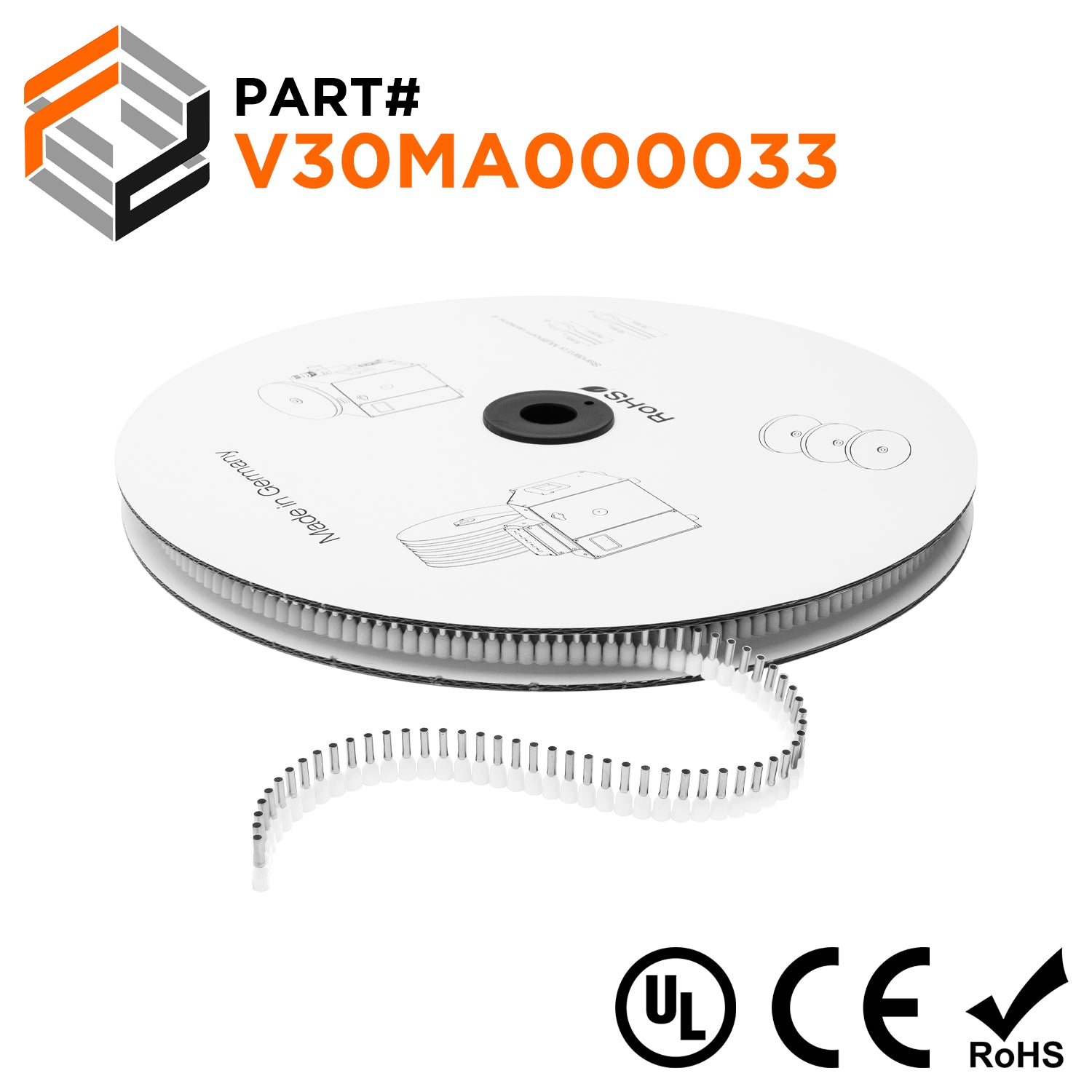 Z+F V30MA000033 - 22 & 20 AWG Insulated Wire Ferrules, 8mm Pin, White, 5000 pieces Reel/Spool