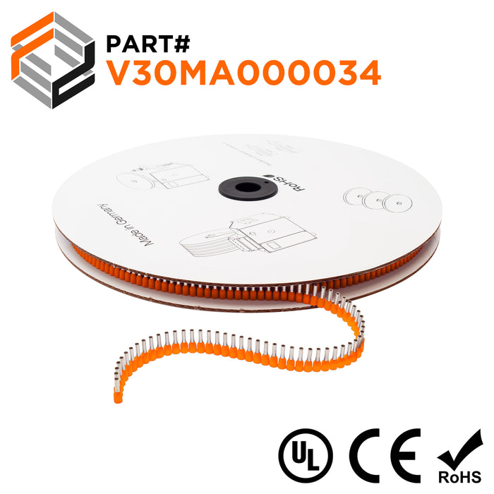 Z+F V30MA000034 - 22 & 20 AWG Insulated Wire Ferrules, 8mm Pin, Orange, 5000 pieces Reel/Spool
