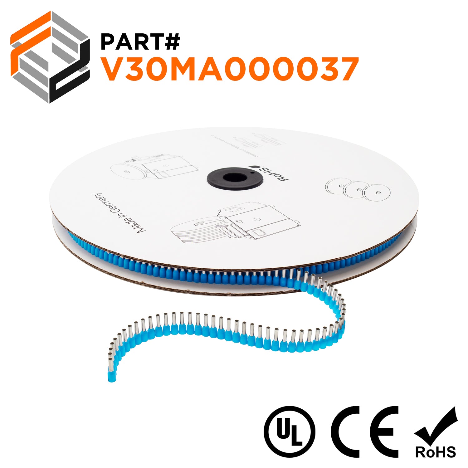 Z+F V30MA000037 - 20 & 18 AWG Insulated Wire Ferrules, 8mm Pin, Light Blue, 5000 pieces Reel/Spool