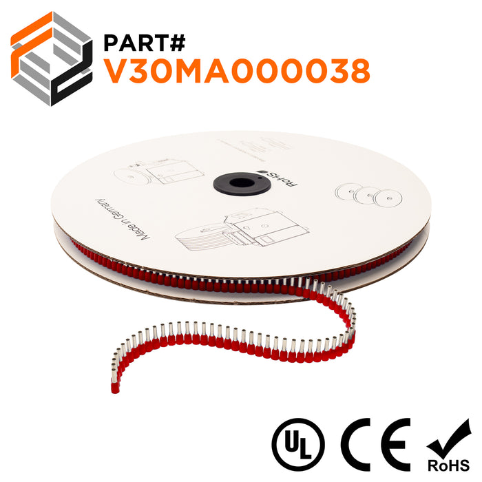 Z+F V30MA000038 - 18 & 17 AWG Insulated Wire Ferrules, 8mm Pin, Red, 5,000 pieces Reel/Spool