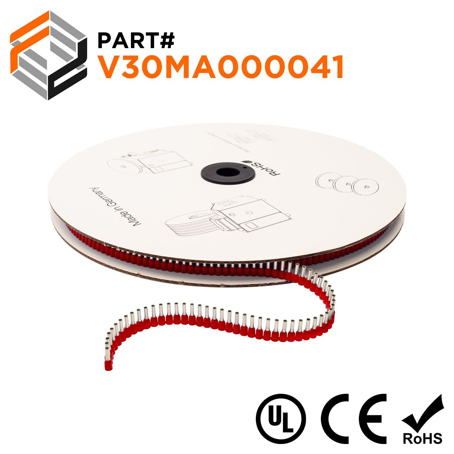 Z+F V30MA000041 - 16 AWG Insulated Wire Ferrules, 8mm Pin, Red, 5,000 pieces Reel/Spool - 5000 Pieces
