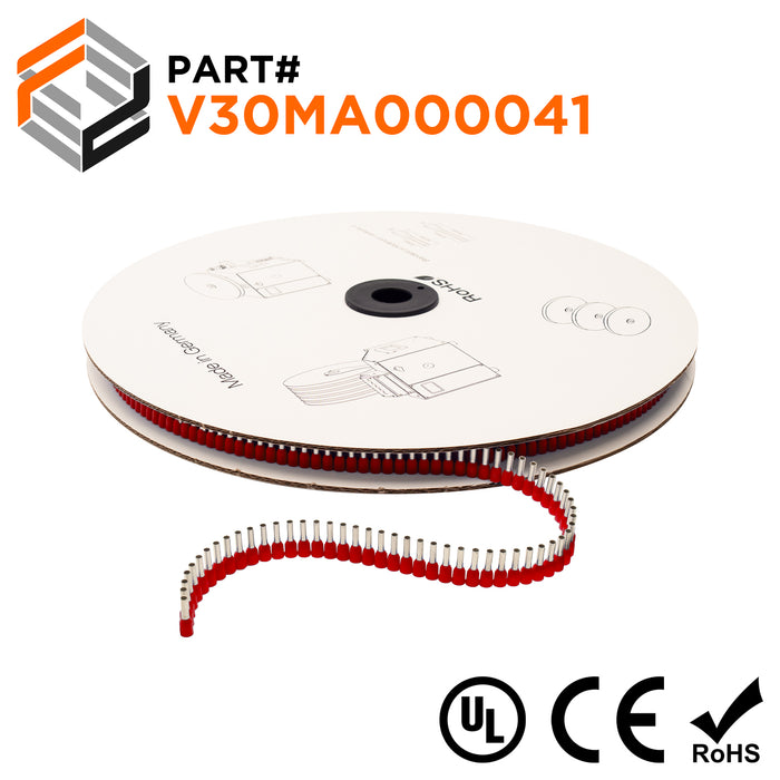 Z+F V30MA000041 - 16 AWG Insulated Wire Ferrules, 8mm Pin, Red, 5,000 pieces Reel/Spool - 5000 Pieces