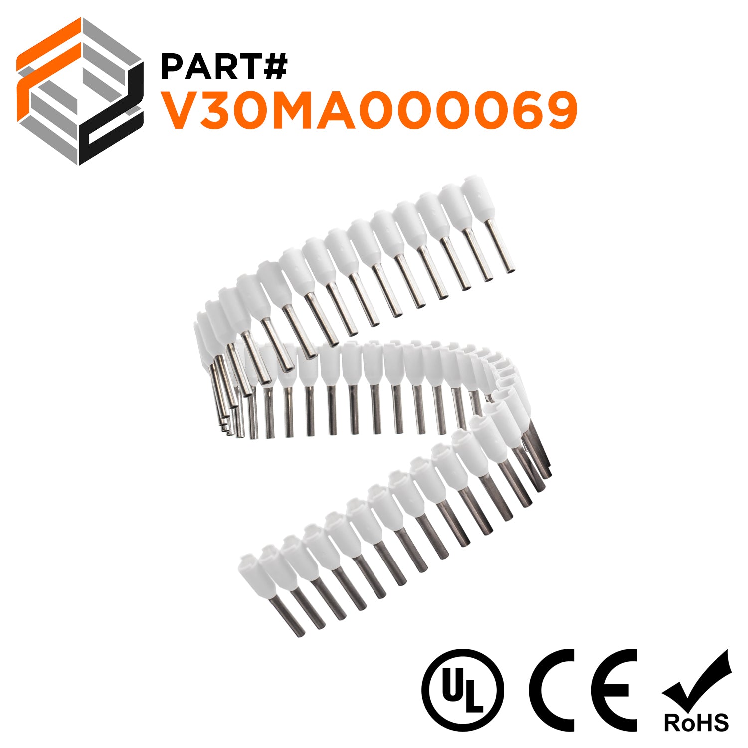 Z+F V30MA000069 - 22 AWG Insulated Wire Ferrules Strips, 8mm Pin, White, 500 pieces