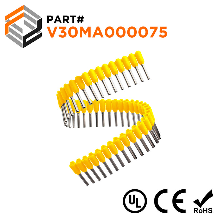 Z+F V30MA000075 - 18 AWG Insulated Wire Ferrules Strips, 8mm Pin, Yellow, 500 pieces