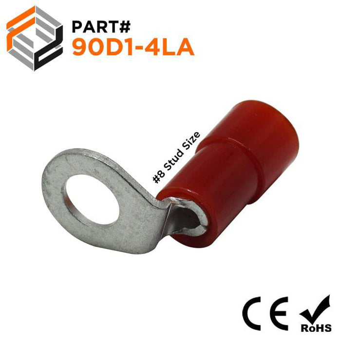 90D1-4LA - 90° Nylon Insulated Ring Terminals - 22-16 AWG - #8 Stud - Ferrules Direct