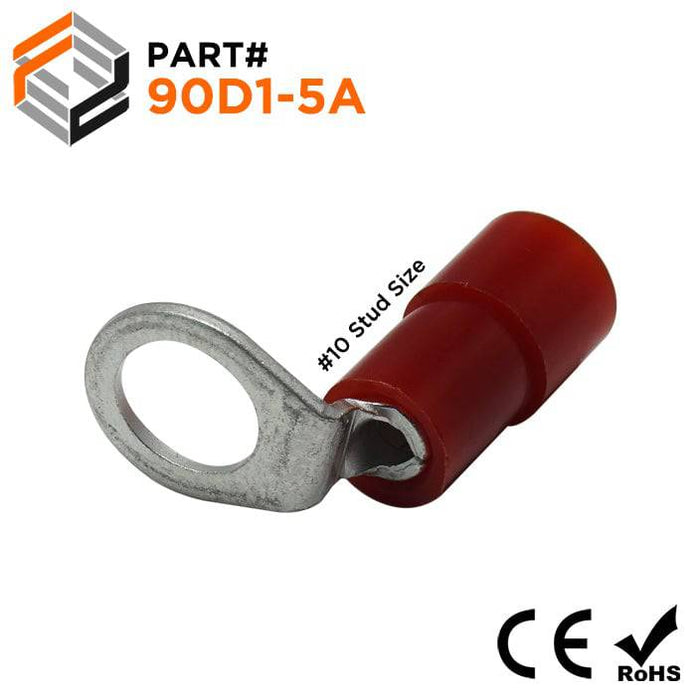 90D1-5A - 90° Nylon Insulated Ring Terminals - 22-16 AWG - #10 Stud - Ferrules Direct